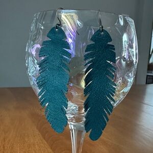 Teal leather Feather Earrings